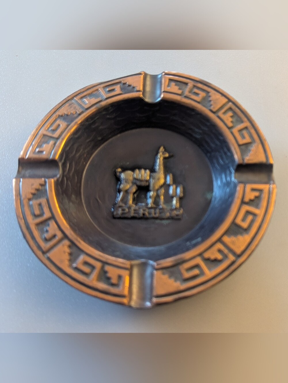 Vintage Peruvian Brass Ashtray. Traditionally Decorated. 4.5" Diameter